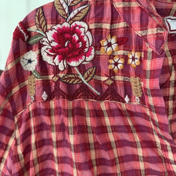 Johnny Was NWT Burgundy Maroon Anacapri Tiered Cotton Mini Dress RARE plaid - Picture 3 of 10